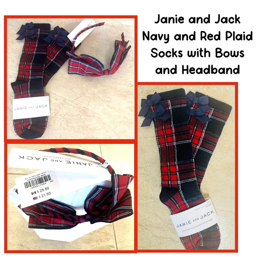 Janie and Jack Navy and Red Plaid Socks with Bows and Headband
